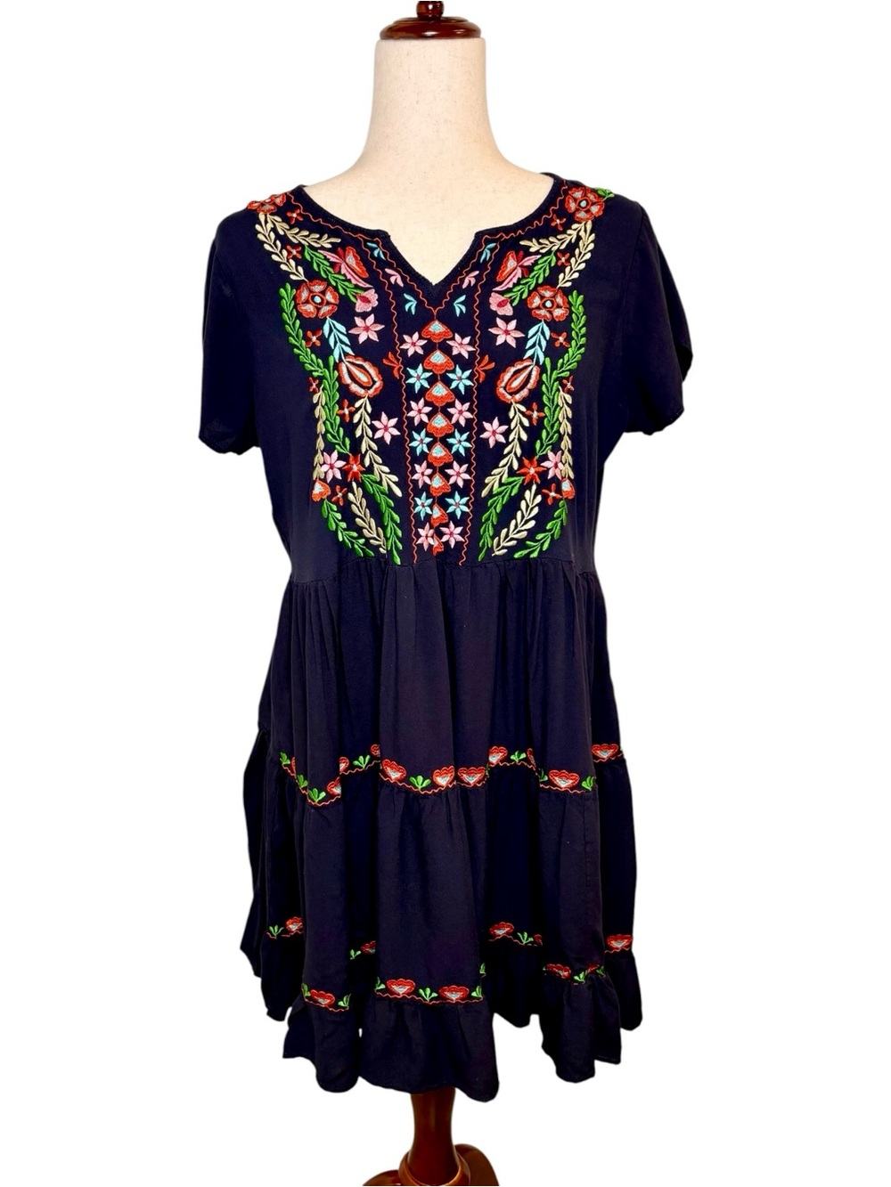 Shoreline Wear Navy Blue Floral Embroidered Mini Dress Boho Vacation Beach XL